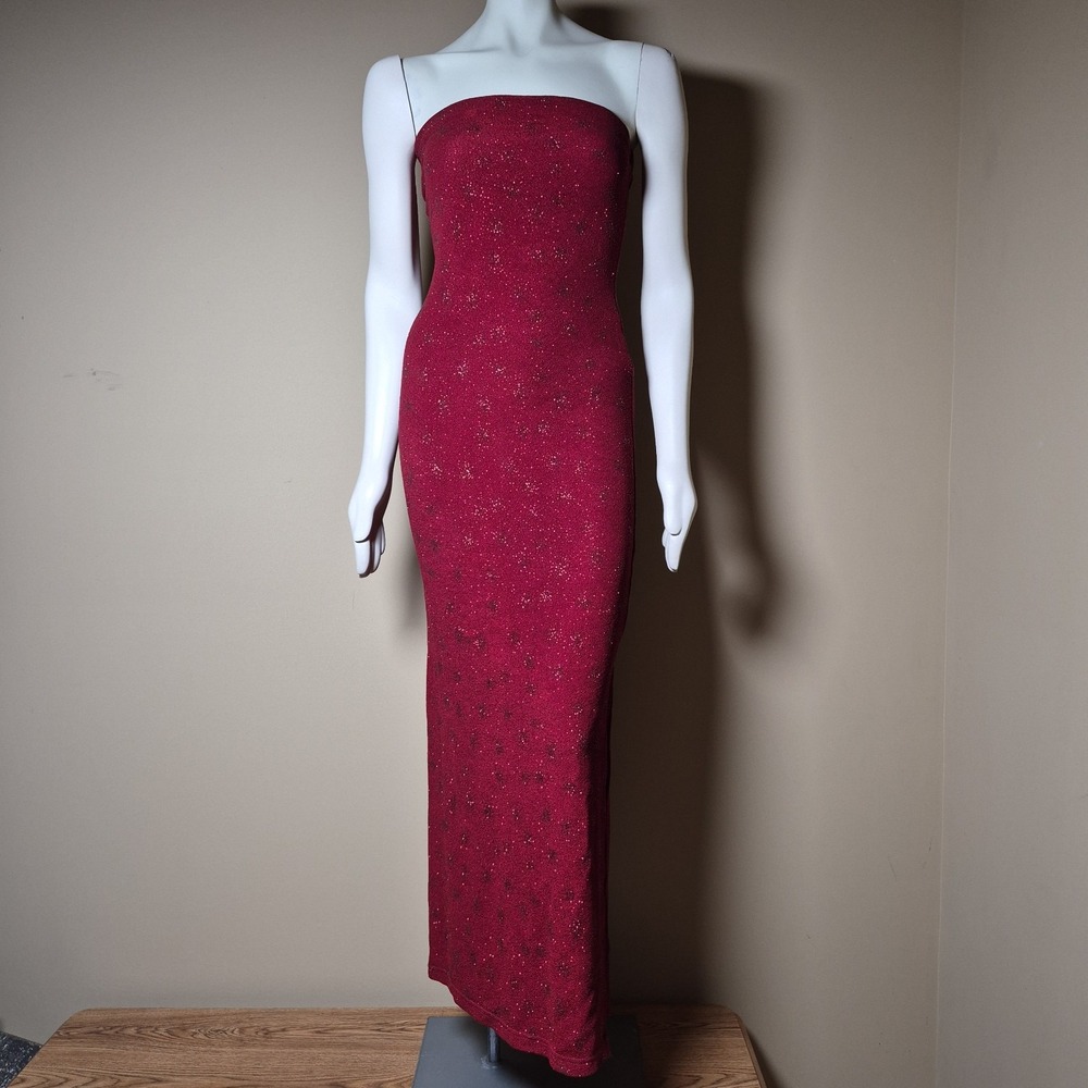 Vintage Charlotte Russe Red Glitter Tube Maxi Dress Strapless Side Slit‎ USA M